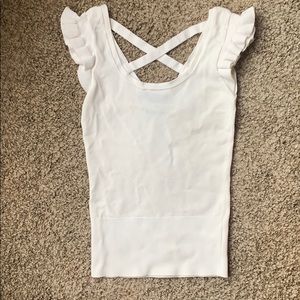 White ruffled shoulder knit top